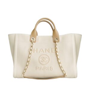 [프리미엄/해외배송]샤넬 진주 로고 캔버스 토트백(내추럴/금장/캔버스)